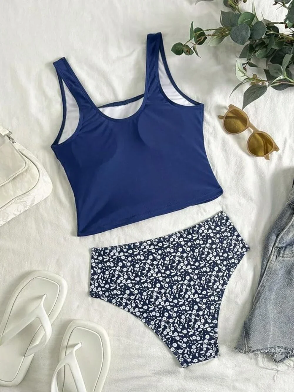 Women's Navy Blue Henley Tankini & Floral High-Waisted Bottoms Set